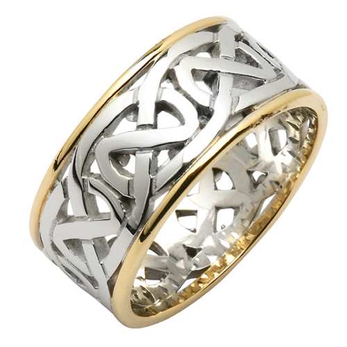 Irish Two Tone Wedding Ring - Celtic Knots - 14 Karat - Wide Pierced Irish Wedding Rings
